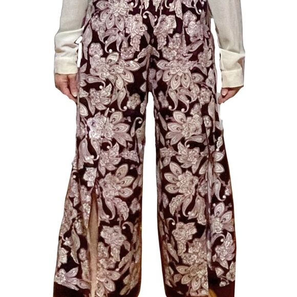 Drapey Dark Floral Silky Palazzo Pants Front Slits Festival Boho - Picture 5 of 12